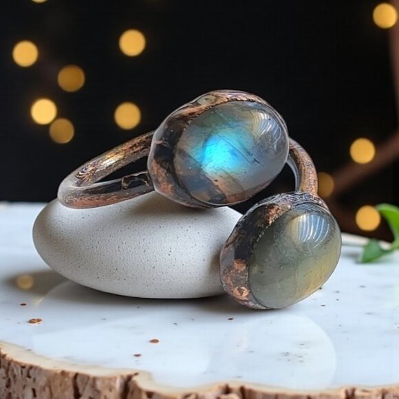 Boho Vintage Labradorite Ring Adjustable Open Wrap Handmade Copper Finish - Picture 7 of 11